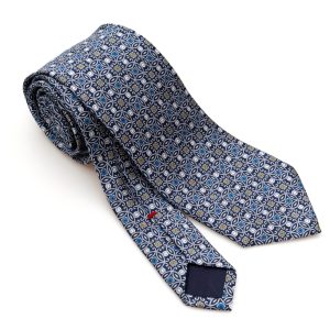 Cravatta blu con fantasia geometrica bianca 100% seta